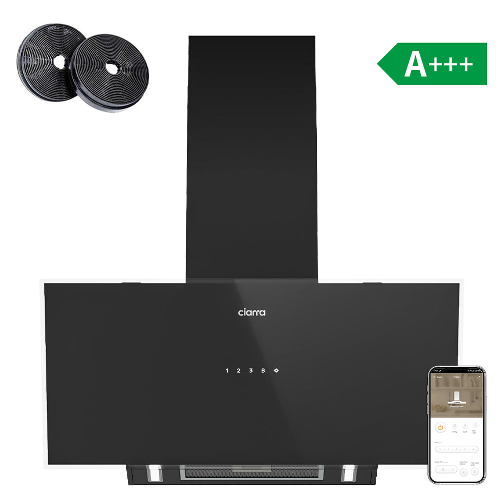 CIARRA 90cm Black Frosted Glass Angled Cooker Hood, A+++ Energy Rating, Wi-Fi & Touch Control, 698m³/h Extraction | CBCB9763A - Ciarra Appliances Global