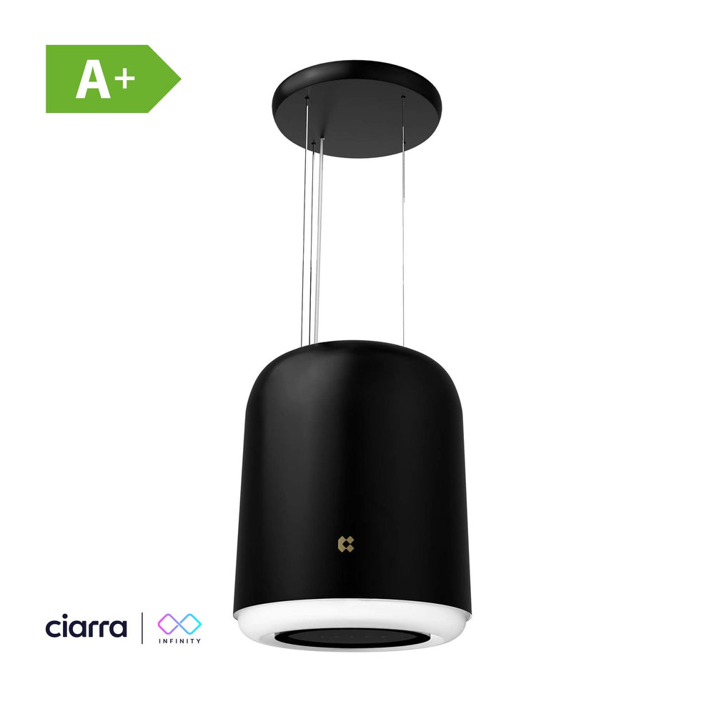 New Arrival Ciarra INFINITY Smart fashion Island Cooker Hoods/Range hoods function extractor built-in range hood with LED lighting is mounted almost invisibly in a wall cabinet.