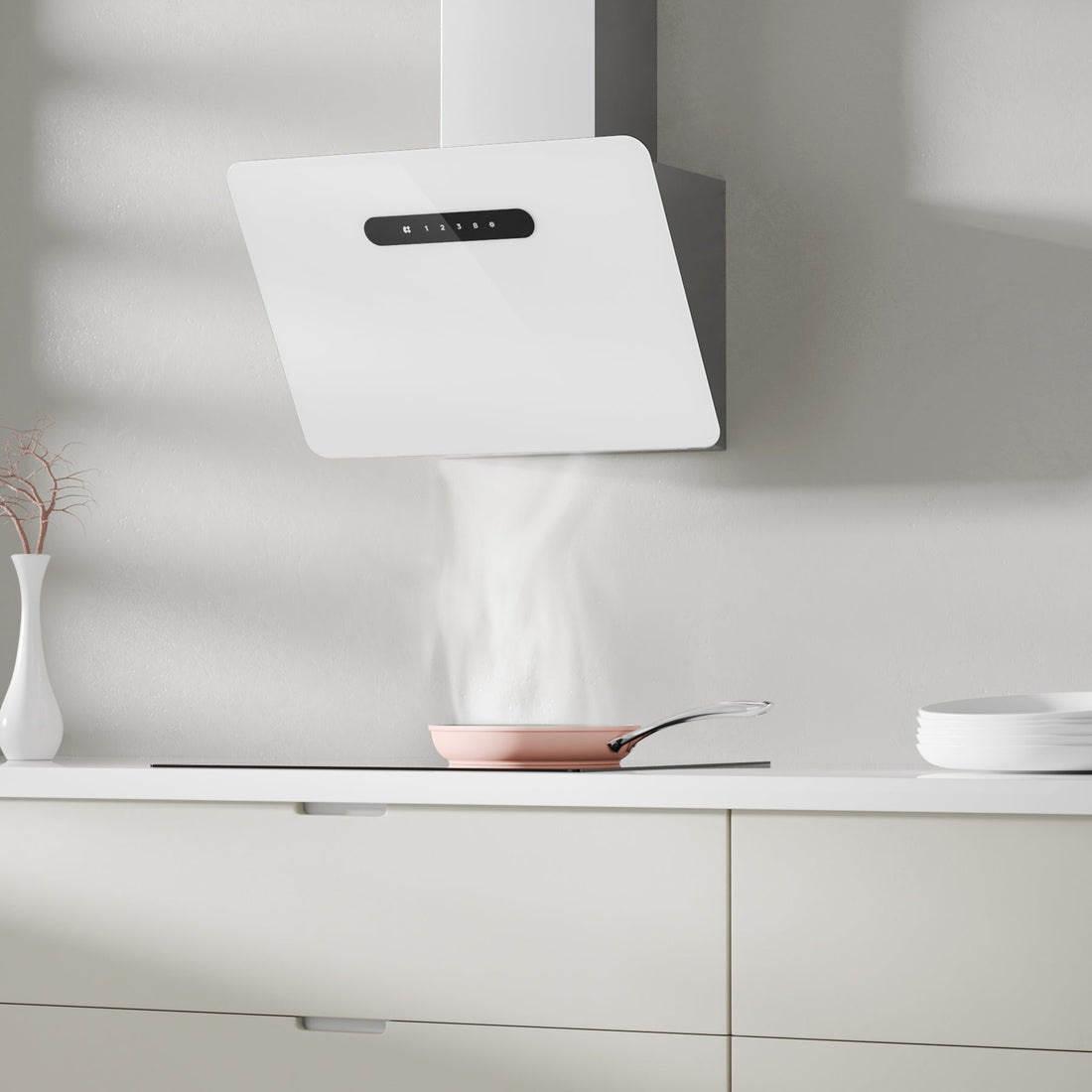 white angled cooker hood