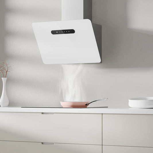 white angled cooker hood