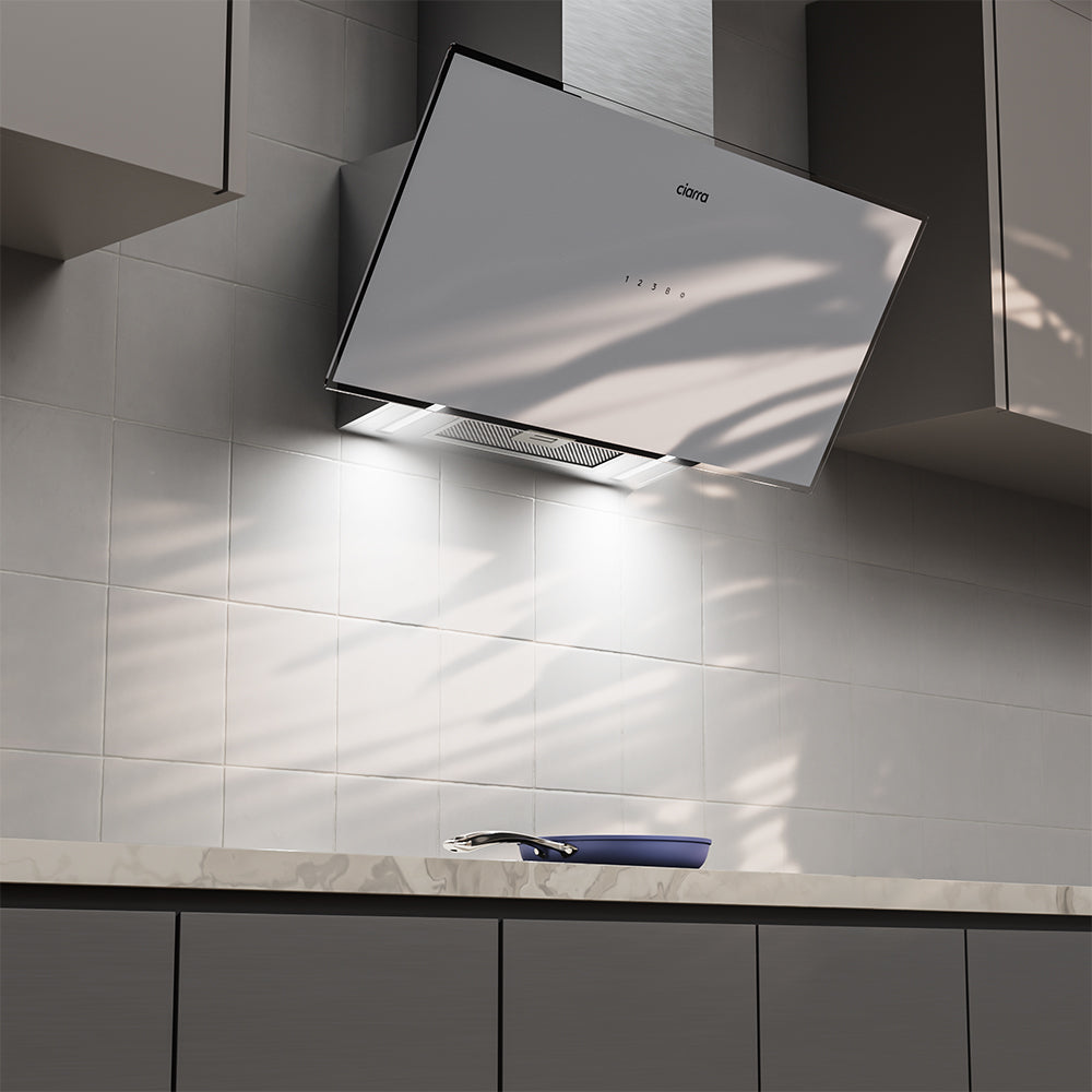 90cm White Frosted Glass Angled Cooker Hood
