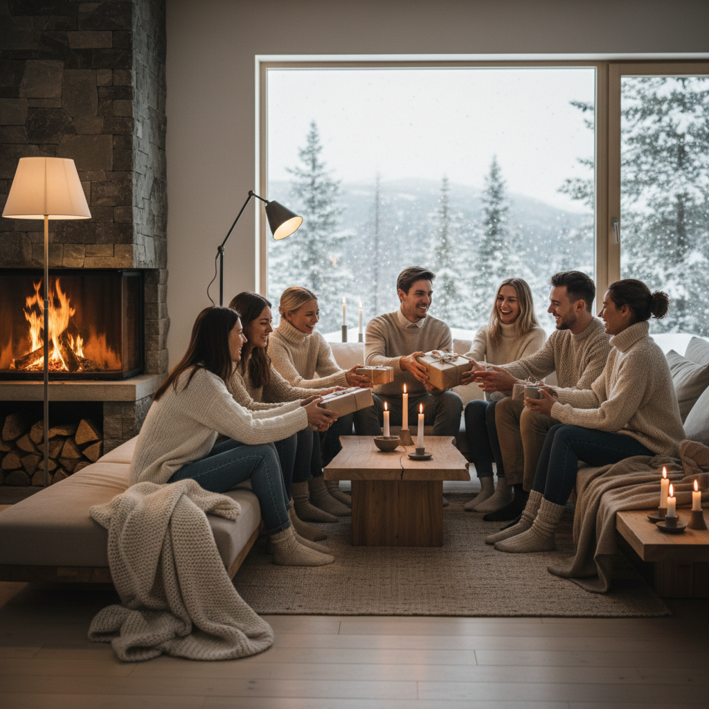 冬天北欧温暖的室内聚会，朋友互相送礼的场景，方形图片1:1高清输出