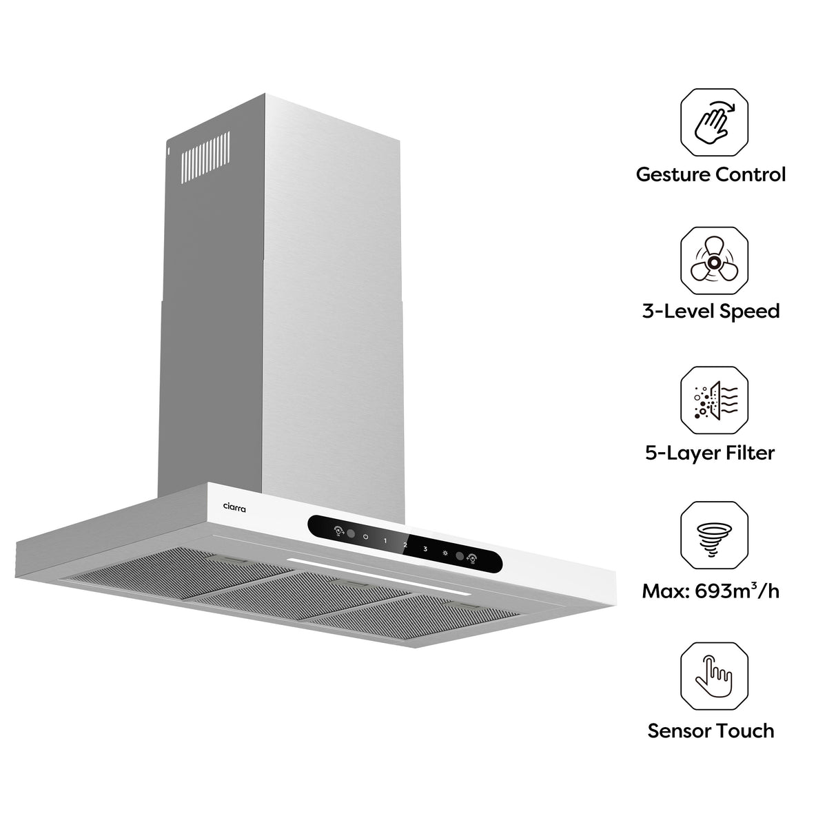 CIARRA 90cm T-Shaped Cooker Hood with Gesture Control, A+++ Energy Rating CBCW9102-W - Ciarra Appliances Global