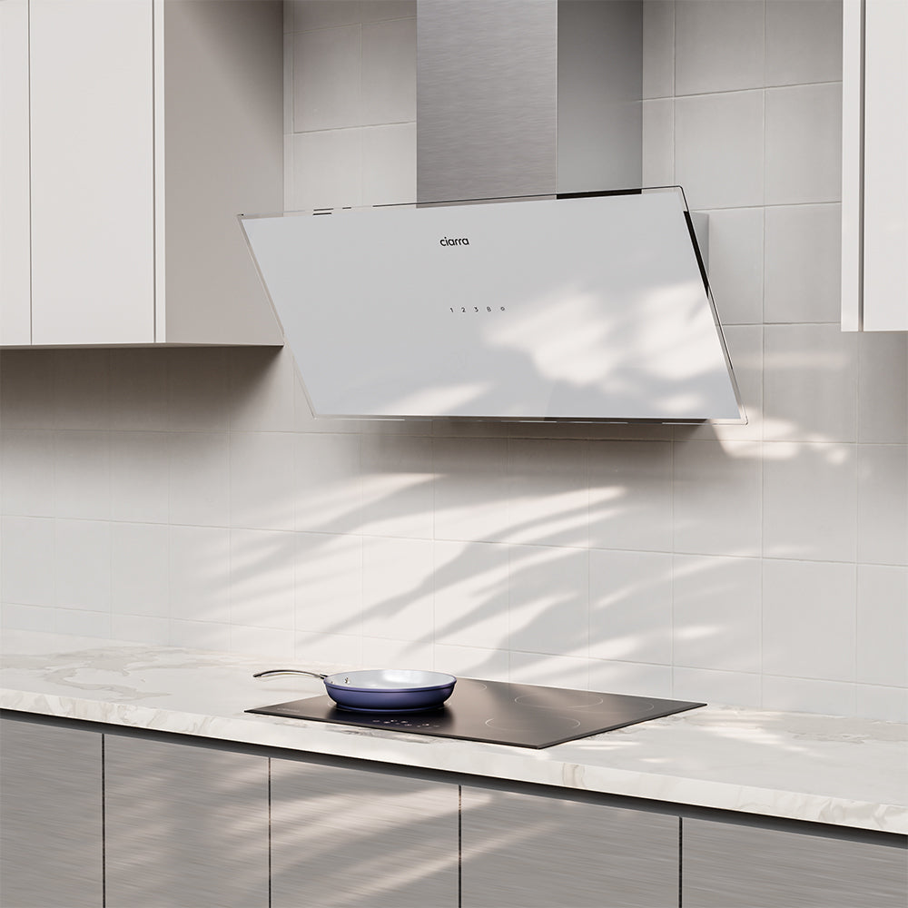 90cm White Frosted Glass Angled Cooker Hood