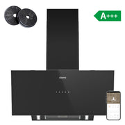 CIARRA 90cm Black Frosted Glass Angled Cooker Hood, A+++ Energy Rating, Wi-Fi & Touch Control, 635m³/h Extraction | CBCB9763A