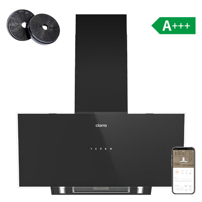 CIARRA 90cm Black Frosted Glass Angled Cooker Hood, A+++ Energy Rating, Wi-Fi & Touch Control, 635m³/h Extraction | CBCB9763A