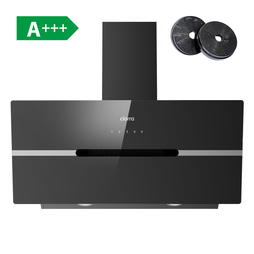 CIARRA 90cm Angled Cooker Hood Smart WiFi App Control Black Glass A+++ Energy Class CBCB9736F-F