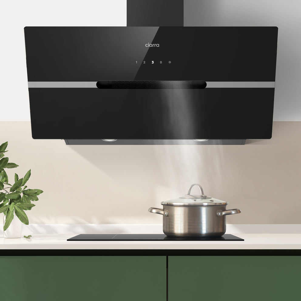 CIARRA 90cm Angled Cooker Hood Smart WiFi App Control Black Glass A+++ Energy Class CBCB9736F-F