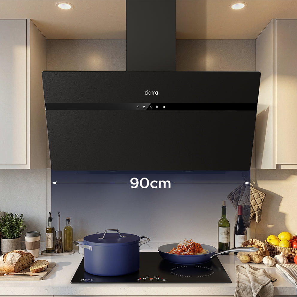 CIARRA 90cm Black Frosted Glass Angled Cooker Hood Anti-Fingerprint A+++ Wifi & Touch Control CBCG9736H-G