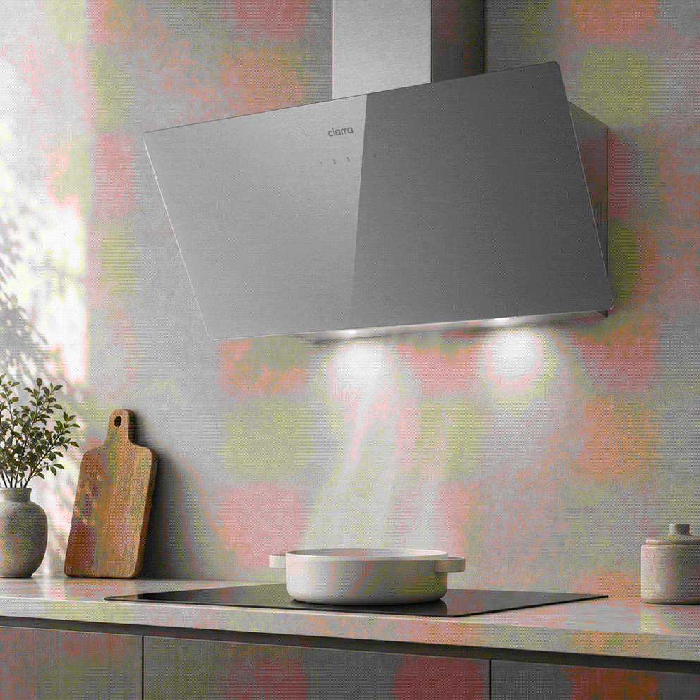 CIARRA 90cm Brushed Silver Glass Angled Cooker Hood A+++ Wifi & Touch Control CBCS9736H-S
