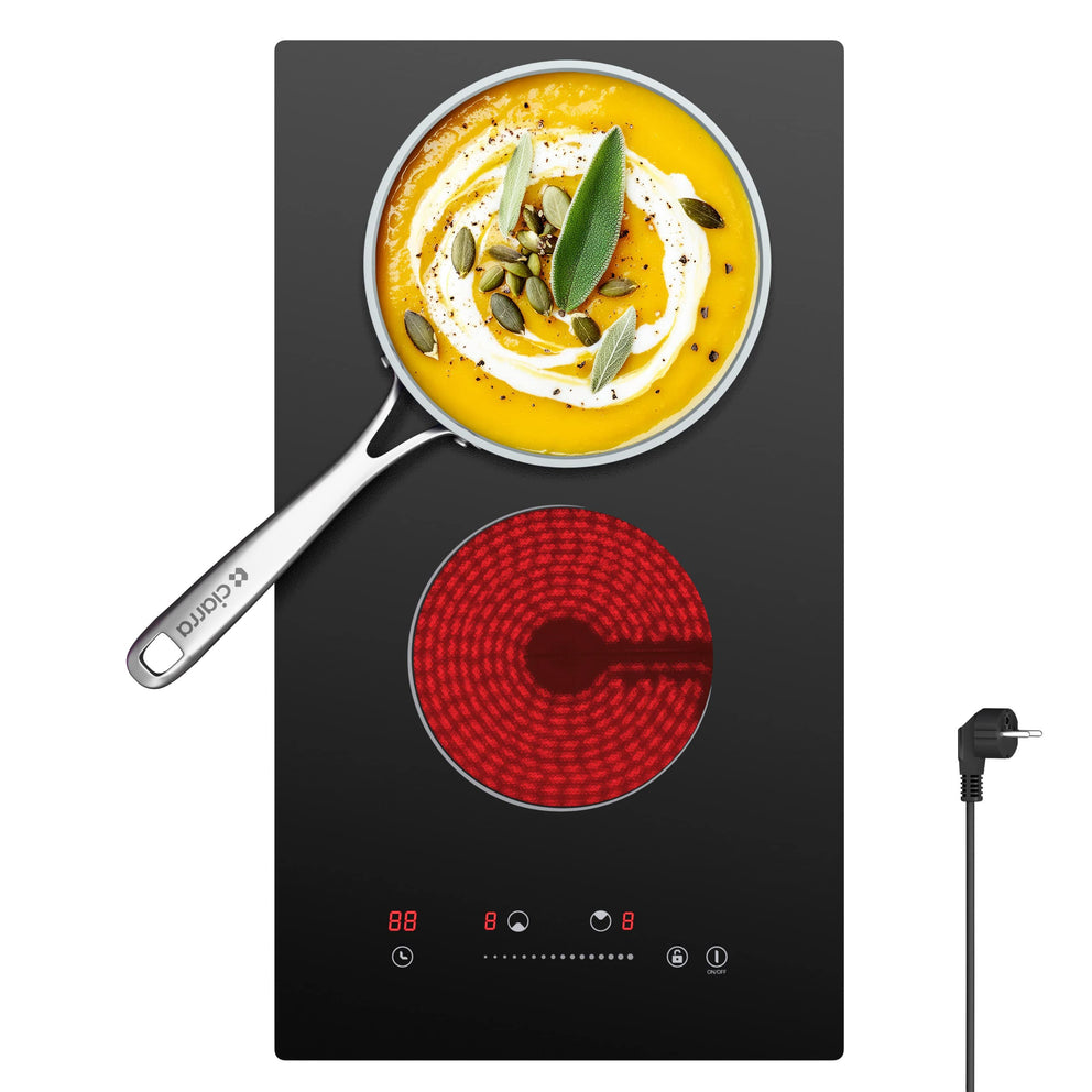 Ciarra x CDV 30cm Built-in Electric Ceramic Hob 2 Burners 3000W, 9 Power, Touch Control, Black Glass CDVER302-OW