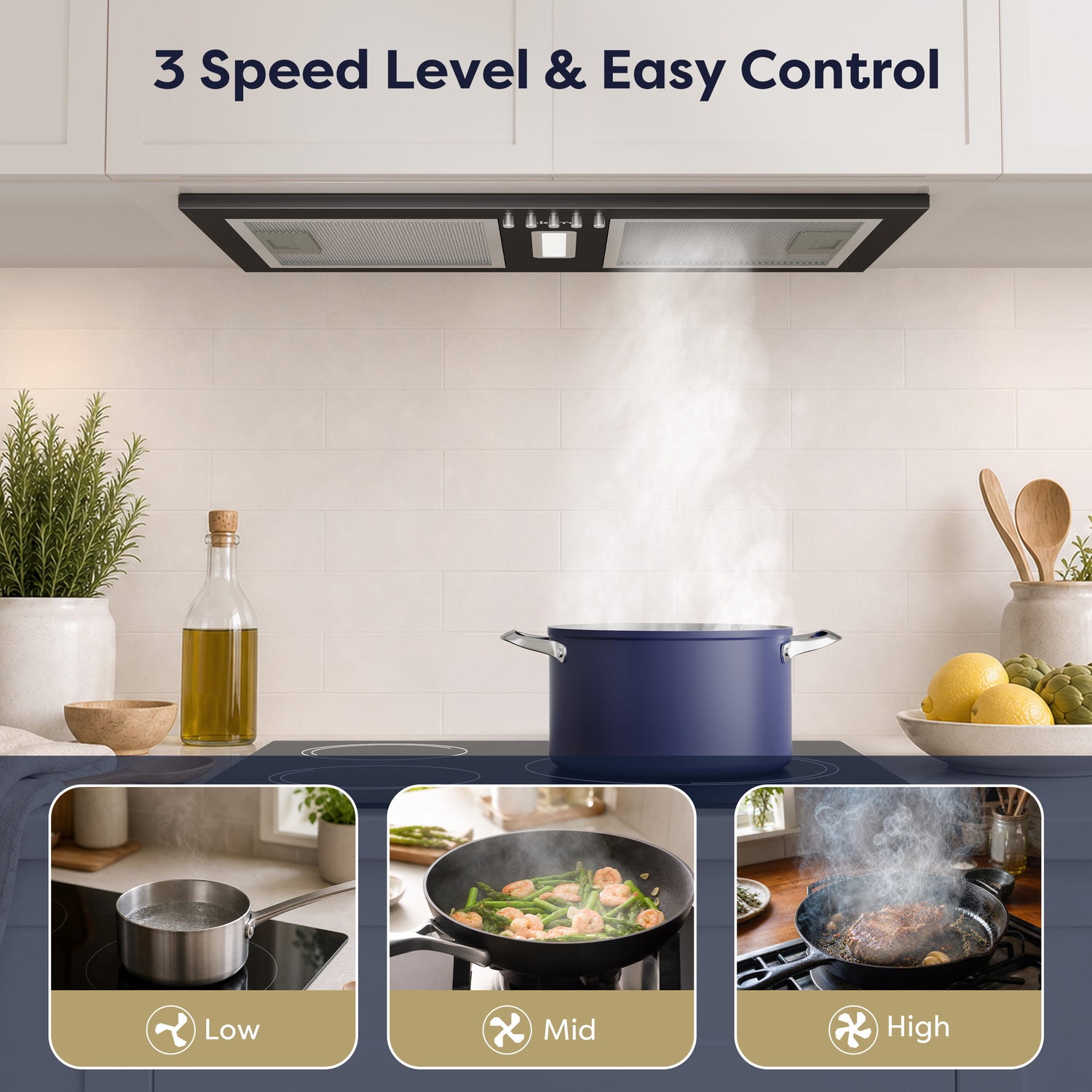 CIARRA black built-in cooker hood, A++ rated, 404m³/h extraction for compact European kitchen
