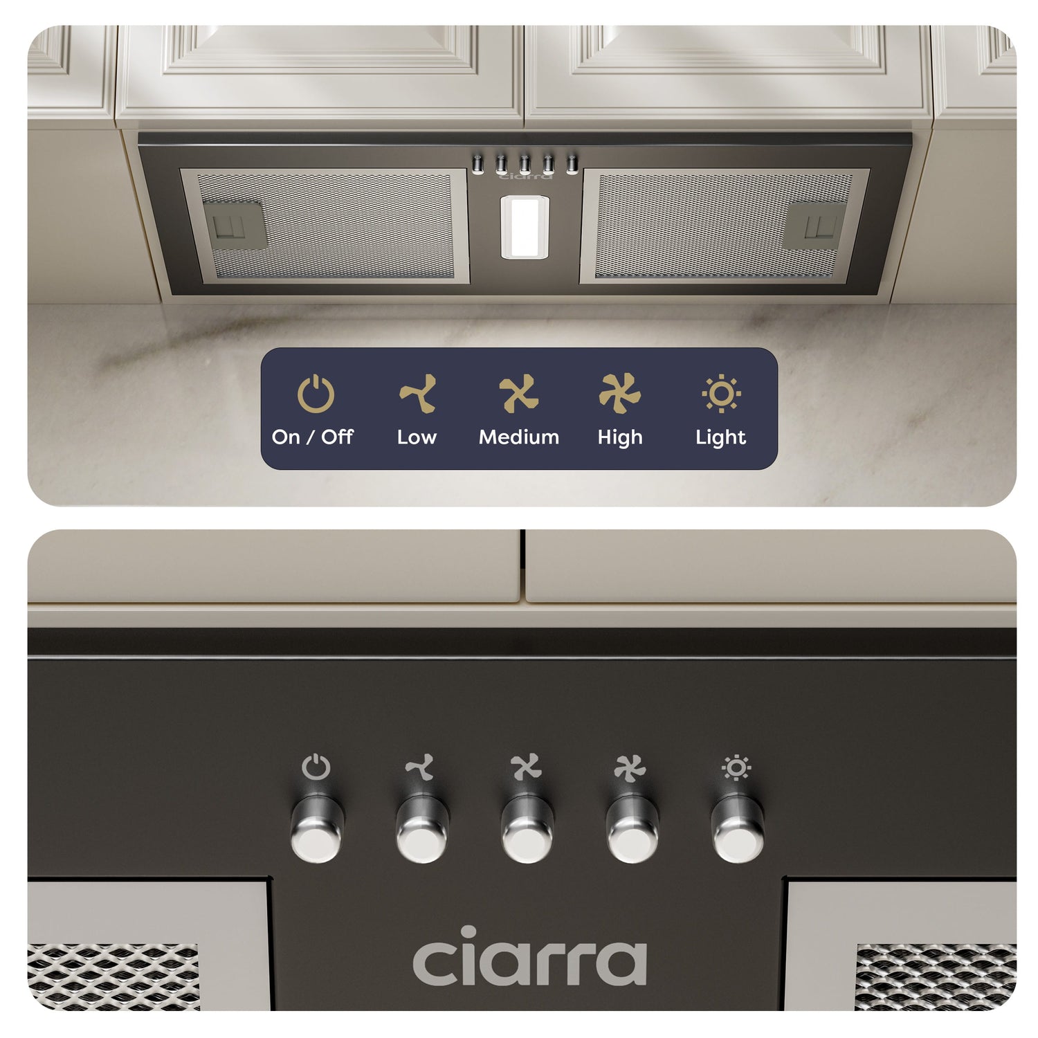 CIARRA black cooker hood installed in a modern European kitchen