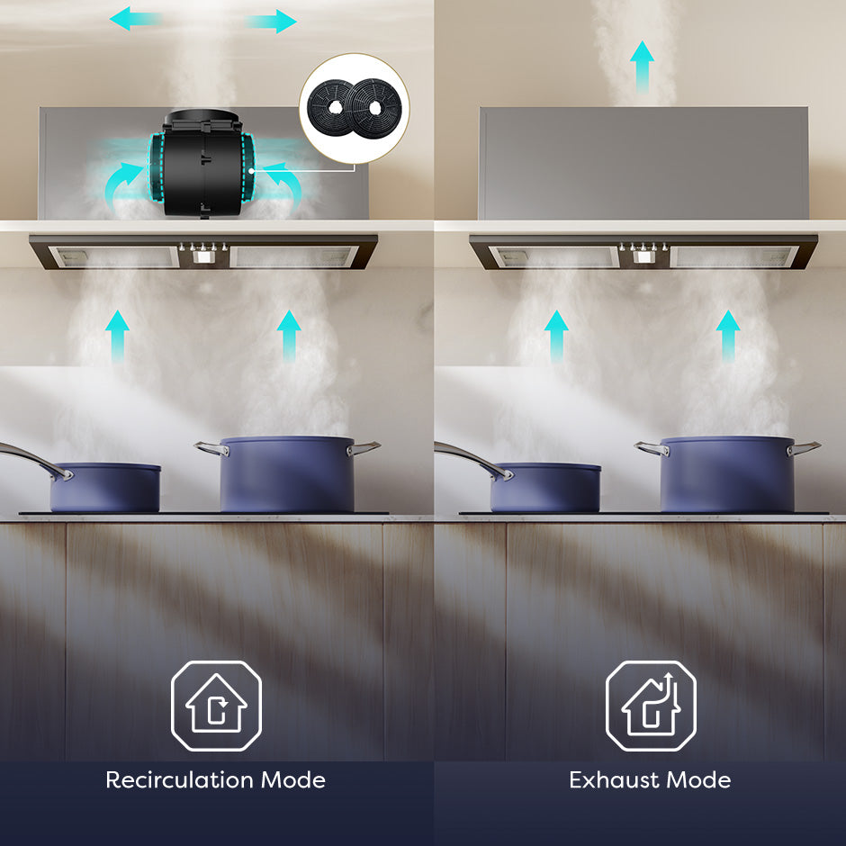 CIARRA cooker hood with ducted and recirculation installation options