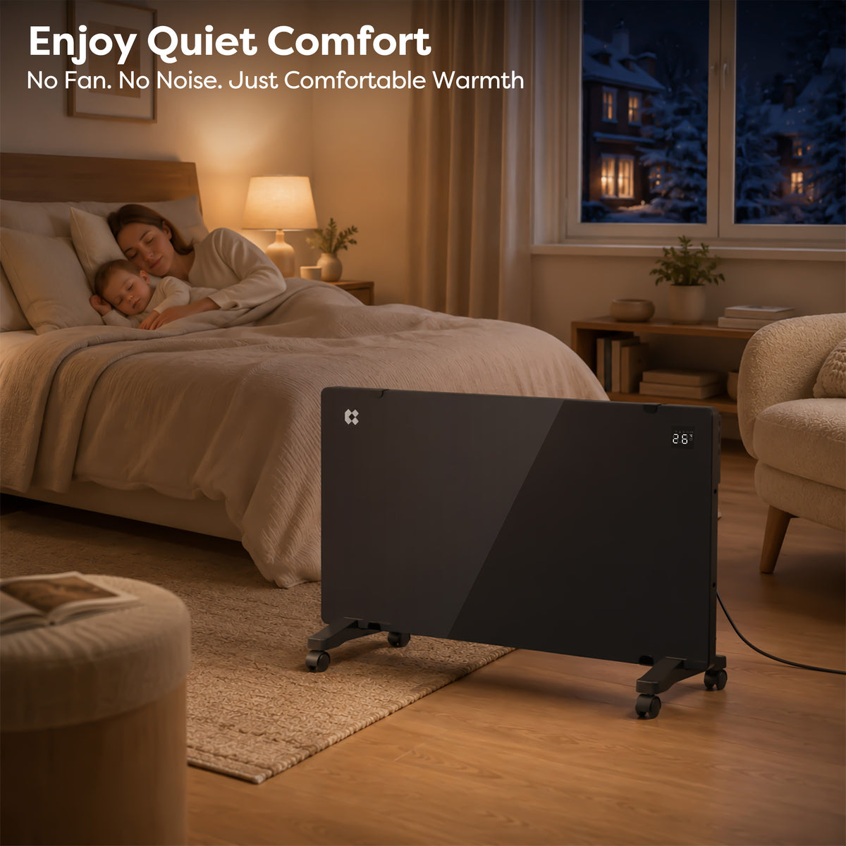 CIARRA 2000W Electric Radiator providing quiet, comfortable heating in a modern bedroom