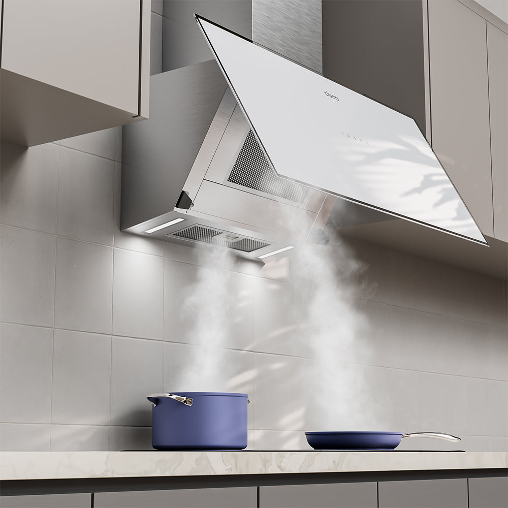 90cm White Frosted Glass Angled Cooker Hood