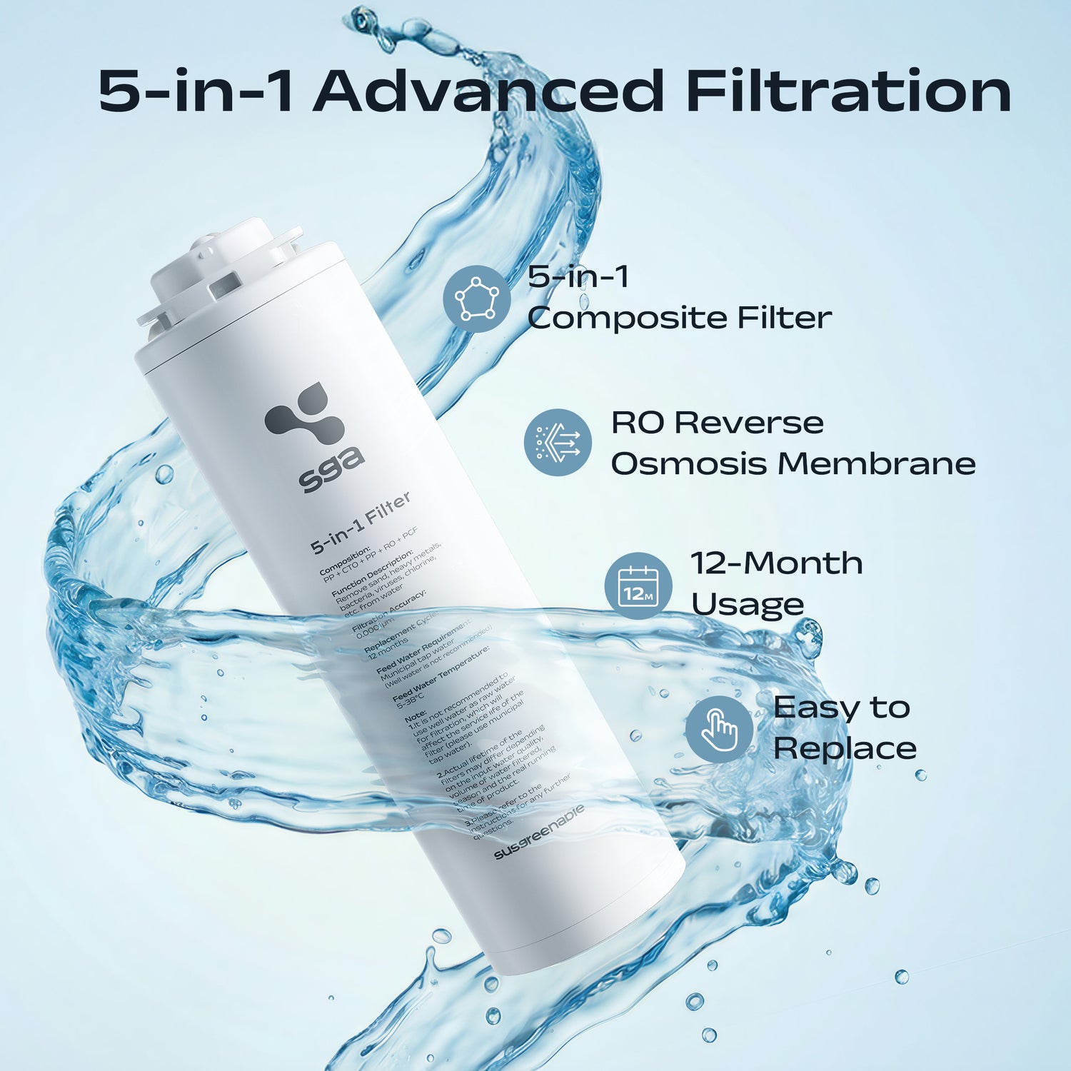 SSA 5-in-1 Advanced Filtration water filter with water droplets and text on a light blue background